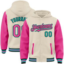 Load image into Gallery viewer, Custom Cream Pink Black-Aqua Bomber Full-Snap Varsity Letterman Two Tone Hoodie Jacket