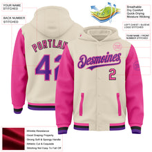 Charger l'image dans la galerie, Custom Cream Purple Pink-Black Bomber Full-Snap Varsity Letterman Two Tone Hoodie Jacket