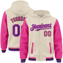 Charger l'image dans la galerie, Custom Cream Purple Pink-Black Bomber Full-Snap Varsity Letterman Two Tone Hoodie Jacket