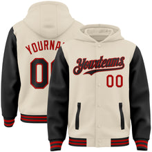 Charger l'image dans la galerie, Custom Cream Black-Red Bomber Full-Snap Varsity Letterman Two Tone Hoodie Jacket