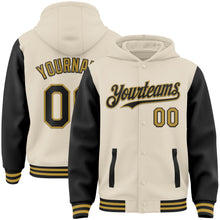 Charger l'image dans la galerie, Custom Cream Black-Old Gold Bomber Full-Snap Varsity Letterman Two Tone Hoodie Jacket