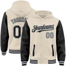 Charger l'image dans la galerie, Custom Cream Black-Gray Bomber Full-Snap Varsity Letterman Two Tone Hoodie Jacket