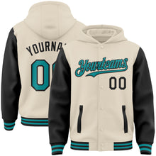 Charger l'image dans la galerie, Custom Cream Teal-Black Bomber Full-Snap Varsity Letterman Two Tone Hoodie Jacket