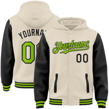 Charger l'image dans la galerie, Custom Cream Neon Green-Black Bomber Full-Snap Varsity Letterman Two Tone Hoodie Jacket