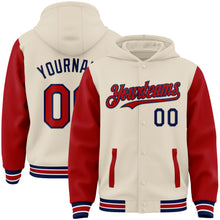 Charger l'image dans la galerie, Custom Cream Red Navy-White Bomber Full-Snap Varsity Letterman Two Tone Hoodie Jacket