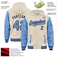 Charger l'image dans la galerie, Custom Cream Light Blue-Navy Bomber Full-Snap Varsity Letterman Two Tone Hoodie Jacket