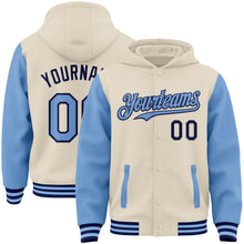 Charger l'image dans la galerie, Custom Cream Light Blue-Navy Bomber Full-Snap Varsity Letterman Two Tone Hoodie Jacket