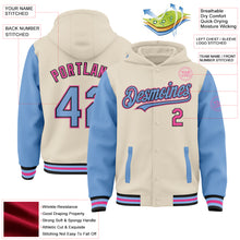 Laden Sie das Bild in den Galerie-Viewer, Custom Cream Light Blue Black-Pink Bomber Full-Snap Varsity Letterman Two Tone Hoodie Jacket