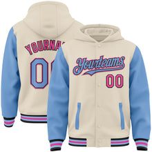 Laden Sie das Bild in den Galerie-Viewer, Custom Cream Light Blue Black-Pink Bomber Full-Snap Varsity Letterman Two Tone Hoodie Jacket