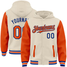 Charger l'image dans la galerie, Custom Cream Orange Royal-White Bomber Full-Snap Varsity Letterman Two Tone Hoodie Jacket