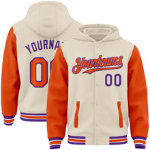 Charger l'image dans la galerie, Custom Cream Orange Purple-White Bomber Full-Snap Varsity Letterman Two Tone Hoodie Jacket