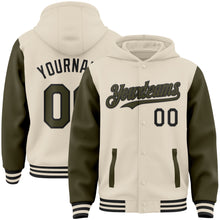 Charger l'image dans la galerie, Custom Cream Olive-Black Bomber Full-Snap Varsity Letterman Two Tone Hoodie Jacket