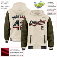 Charger l'image dans la galerie, Custom Cream Vintage USA Flag Olive-Black Bomber Full-Snap Varsity Letterman Two Tone Hoodie Jacket