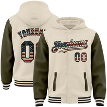 Charger l'image dans la galerie, Custom Cream Vintage USA Flag Olive-Black Bomber Full-Snap Varsity Letterman Two Tone Hoodie Jacket