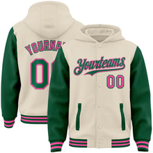 Charger l'image dans la galerie, Custom Cream Kelly Green-Pink Bomber Full-Snap Varsity Letterman Two Tone Hoodie Jacket