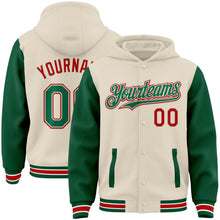 Charger l'image dans la galerie, Custom Cream Kelly Green Red-White Bomber Full-Snap Varsity Letterman Two Tone Hoodie Jacket