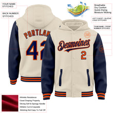 Charger l'image dans la galerie, Custom Cream Navy-Orange Bomber Full-Snap Varsity Letterman Two Tone Hoodie Jacket