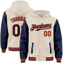 Charger l'image dans la galerie, Custom Cream Navy-Orange Bomber Full-Snap Varsity Letterman Two Tone Hoodie Jacket