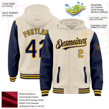 Charger l'image dans la galerie, Custom Cream Navy-Gold Bomber Full-Snap Varsity Letterman Two Tone Hoodie Jacket