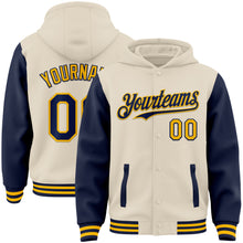 Charger l'image dans la galerie, Custom Cream Navy-Gold Bomber Full-Snap Varsity Letterman Two Tone Hoodie Jacket