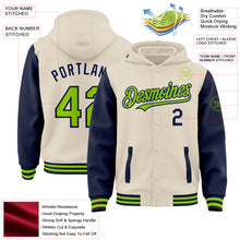 Charger l'image dans la galerie, Custom Cream Neon Green-Navy Bomber Full-Snap Varsity Letterman Two Tone Hoodie Jacket