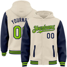 Charger l'image dans la galerie, Custom Cream Neon Green-Navy Bomber Full-Snap Varsity Letterman Two Tone Hoodie Jacket