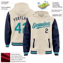 Charger l'image dans la galerie, Custom Cream Teal Navy-Gray Bomber Full-Snap Varsity Letterman Two Tone Hoodie Jacket