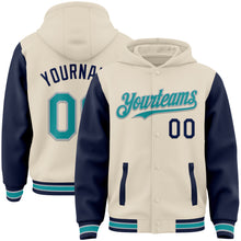 Charger l'image dans la galerie, Custom Cream Teal Navy-Gray Bomber Full-Snap Varsity Letterman Two Tone Hoodie Jacket