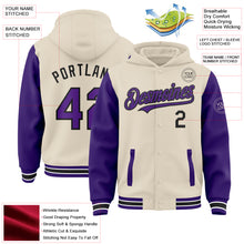 Laden Sie das Bild in den Galerie-Viewer, Custom Cream Purple Black-White Bomber Full-Snap Varsity Letterman Two Tone Hoodie Jacket