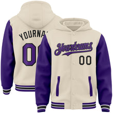 Laden Sie das Bild in den Galerie-Viewer, Custom Cream Purple Black-White Bomber Full-Snap Varsity Letterman Two Tone Hoodie Jacket