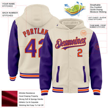 Charger l'image dans la galerie, Custom Cream Purple Orange-White Bomber Full-Snap Varsity Letterman Two Tone Hoodie Jacket