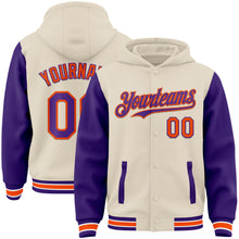 Charger l'image dans la galerie, Custom Cream Purple Orange-White Bomber Full-Snap Varsity Letterman Two Tone Hoodie Jacket