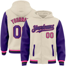 Загрузить изображение в средство просмотра галереи, Custom Cream Purple Black-Pink Bomber Full-Snap Varsity Letterman Two Tone Hoodie Jacket
