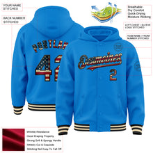 Загрузить изображение в средство просмотра галереи, Custom Powder Blue Vintage USA Flag Black-Cream Bomber Full-Snap Varsity Letterman Hoodie Jacket