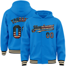 Загрузить изображение в средство просмотра галереи, Custom Powder Blue Vintage USA Flag Black-Cream Bomber Full-Snap Varsity Letterman Hoodie Jacket