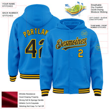 Load image into Gallery viewer, Custom Powder Blue Black-Gold Bomber Full-Snap Varsity Letterman Hoodie Jacket