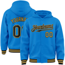 Laden Sie das Bild in den Galerie-Viewer, Custom Powder Blue Black-Old Gold Bomber Full-Snap Varsity Letterman Hoodie Jacket