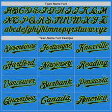 Load image into Gallery viewer, Custom Powder Blue Black-Neon Green Bomber Full-Snap Varsity Letterman Hoodie Jacket