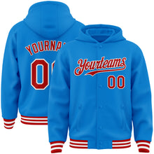 Load image into Gallery viewer, Custom Powder Blue Red-White Bomber Full-Snap Varsity Letterman Hoodie Jacket
