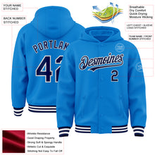 Load image into Gallery viewer, Custom Powder Blue Navy-White Bomber Full-Snap Varsity Letterman Hoodie Jacket