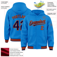 Load image into Gallery viewer, Custom Powder Blue Navy-Orange Bomber Full-Snap Varsity Letterman Hoodie Jacket