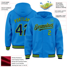Load image into Gallery viewer, Custom Powder Blue Navy-Neon Green Bomber Full-Snap Varsity Letterman Hoodie Jacket