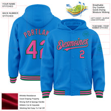 Charger l'image dans la galerie, Custom Powder Blue Pink-Kelly Green Bomber Full-Snap Varsity Letterman Hoodie Jacket