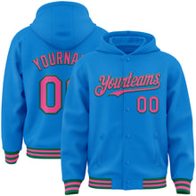 Charger l'image dans la galerie, Custom Powder Blue Pink-Kelly Green Bomber Full-Snap Varsity Letterman Hoodie Jacket