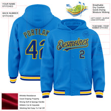 Charger l'image dans la galerie, Custom Powder Blue Royal-Yellow Bomber Full-Snap Varsity Letterman Hoodie Jacket