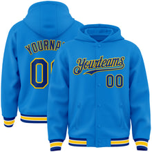 Charger l'image dans la galerie, Custom Powder Blue Royal-Yellow Bomber Full-Snap Varsity Letterman Hoodie Jacket