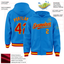 Charger l'image dans la galerie, Custom Powder Blue Red-Gold Bomber Full-Snap Varsity Letterman Hoodie Jacket