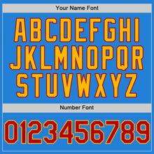 Charger l'image dans la galerie, Custom Powder Blue Red-Gold Bomber Full-Snap Varsity Letterman Hoodie Jacket