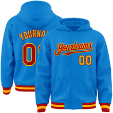 Charger l'image dans la galerie, Custom Powder Blue Red-Gold Bomber Full-Snap Varsity Letterman Hoodie Jacket