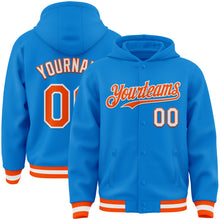 Load image into Gallery viewer, Custom Powder Blue Orange-White Bomber Full-Snap Varsity Letterman Hoodie Jacket